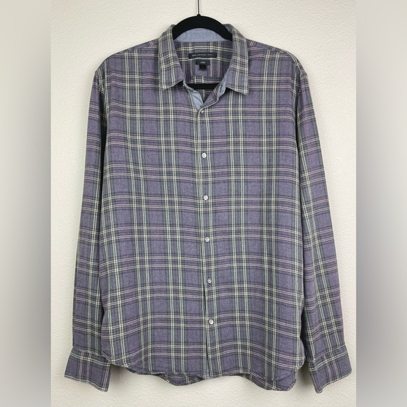 John Varvatos Men's Large Luxe Cotton Wool Button Down Plaid Shirt Purple Collar - Picture 1 of 15